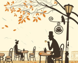 Autumn cafes and romantic relationship between man and woman