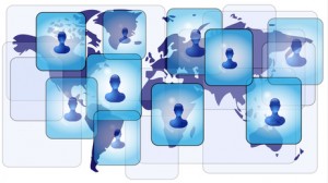 Several persons in social media network on world map