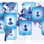 Several persons in social media network on world map